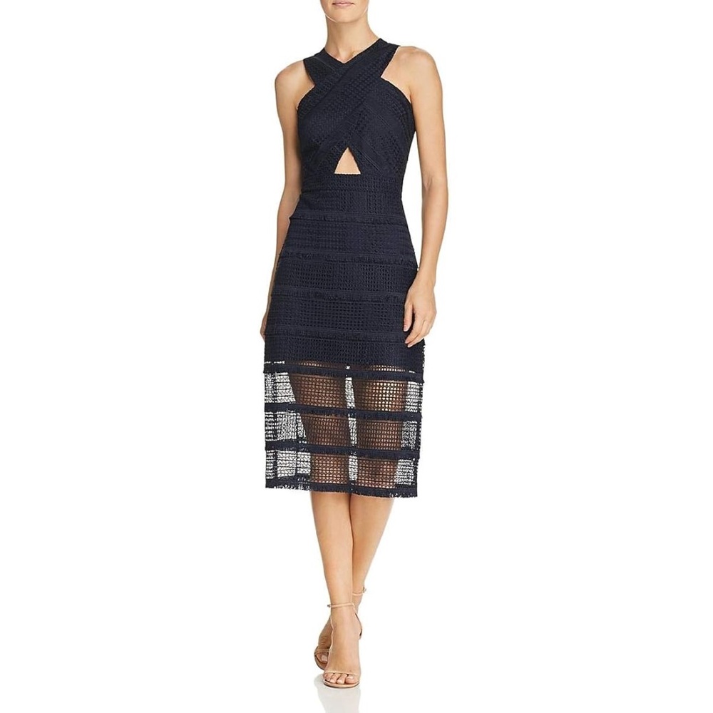 SAM EDELMAN CRISS CROSS NECK NAVY FRINGE HEM MIDI DRESS SIZE 10